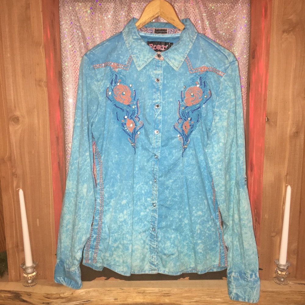 ROAR Embellished Blue & Orange Western Shirt Large - Picture 12 of 16